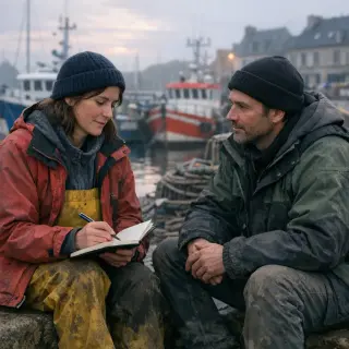 Two adults in work clothes converse thoughtfully on a Breton harbor quay at dawn, notebook in hand, with fishing boats in the background and soft, natural light enhancing the scene.