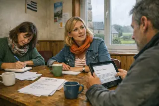 Adults of varied backgrounds in a rustic Breton meeting room, engaged in note-taking and discussion, in natural light with a countryside view.