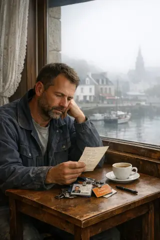 Man in work clothes sitting at a café table, looking at notes, with a misty Breton harbor outside the window, in soft morning light.