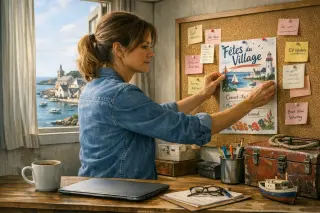 Woman in a sunlit Breton workspace pinning notes to a corkboard, hints of career transition, coastal village view, atmosphere calm and authentic.