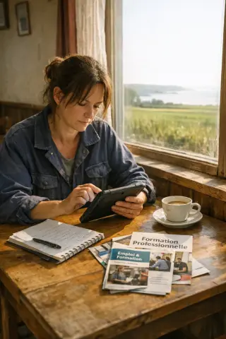Middle-aged woman in workwear at a wooden café table in Brittany, absorbed in digital learning on a tablet, surrounded by notes and brochures, with rural scenery outside the window in soft morning sunlight.