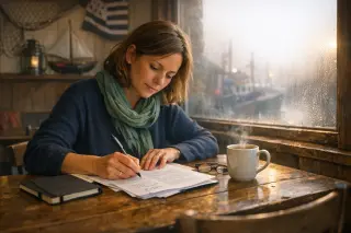 Woman in her thirties focused on annotating documents at a rustic café table in Brittany, early morning light, subtle maritime decor, introspective atmosphere.