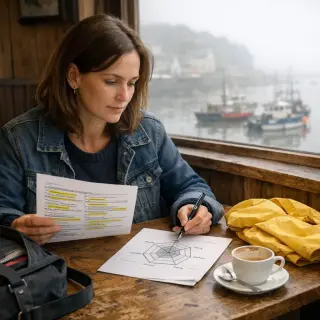 Woman in her late 30s reviews job offers and a skills chart at a wooden table in a Breton café, thoughtful, with boats and harbor seen through the window, natural seaside light.