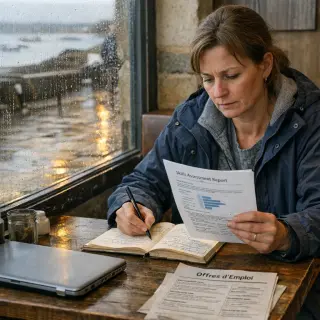 Woman in her forties studies a skills report in a cozy Breton café, natural light and seaside visible through window, suggesting real-life career reflection.