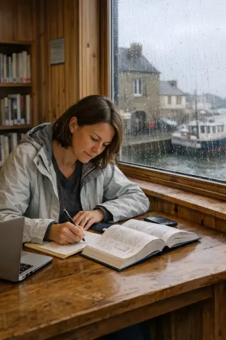 Woman in her 40s studies IT materials by a rain-speckled window in a wood-paneled Brittany library, absorbed in learning.