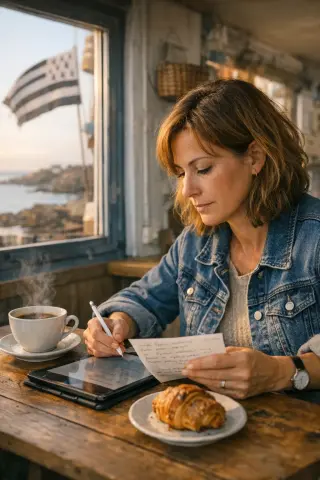 Woman in her forties absorbed in notes and a tablet at a small Brittany coastal café at sunrise, with coffee and pastry, natural gentle light and shoreline visible through the window.