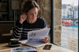Woman in her forties reflects over training flyers at a café table near a coastal window, natural light highlighting her thoughtful expression.