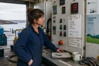 Technician reading an eco-focused checklist at an industrial control panel, Brittany coast visible in the background, candid atmosphere.