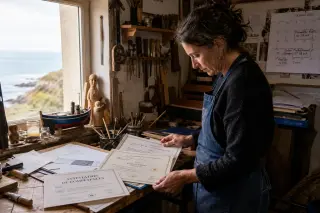 Woman in a Breton workshop sorting certification papers, surrounded by tools, with coastal light creating a warm, contemplative scene