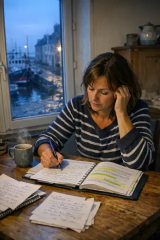 A woman in her 40s, absorbed in notes and a workbook at a kitchen table in a Brittany coastal town at dawn, with soft natural light and a view of boats through the window.