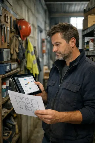 Adult man in a Brittany warehouse, holding a floor plan and looking at a tablet, surrounded by work tools, illustrating digital adaptation in a realistic setting