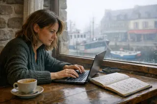Woman in her 30s working on a laptop in a rustic Brittany café, focused on Excel practice with handwritten notes beside her, morning light coming through the window, village and fishing boats visible outside.