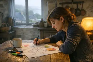 Woman in a Breton kitchen, working on career plans with notes and papers, natural and cozy atmosphere