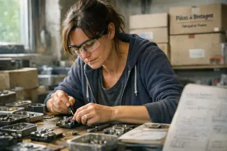 Woman in a Breton workshop focused on assembling parts, natural light from a window, authentic atmosphere of hands-on skill development.