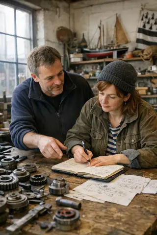 Two professionals collaborate intently in a workshop with soft natural light, highlighting subtle mentoring and teamwork in a Breton setting.