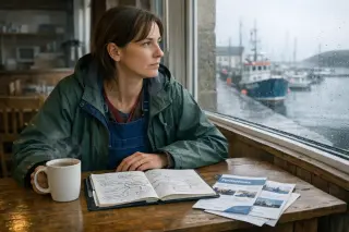 Woman in work overalls analyzing documents in a coastal café, notebook and training flyers on the table, rainy harbor visible through the window, thoughtful mood.